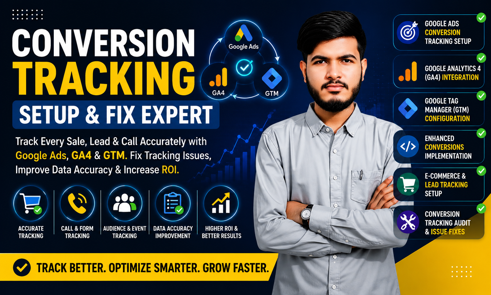 Professional Google Ads Conversion Tracking Setup and Fix Expert providing GA4 Integration, Google Tag Manager Configuration, Enhanced Conversions, Ecommerce Tracking, Lead Tracking, Call Tracking, and Google Ads Conversion Optimization Services.