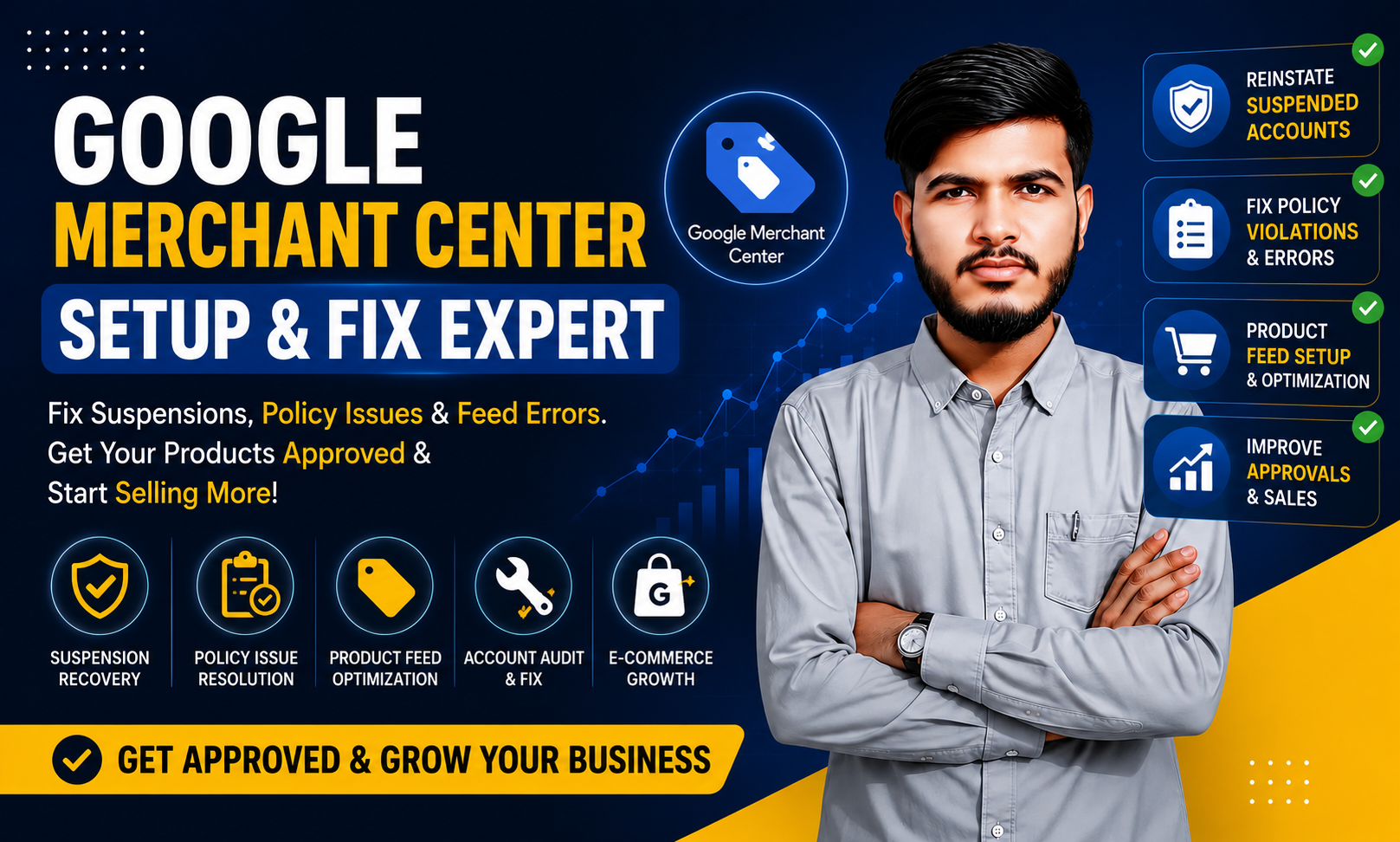 Google Merchant Center Setup and Fix Expert helping eCommerce businesses recover suspended Merchant Center accounts, resolve policy violations, optimize product feeds, and improve Google Shopping Ads performance with Google Ads integration.